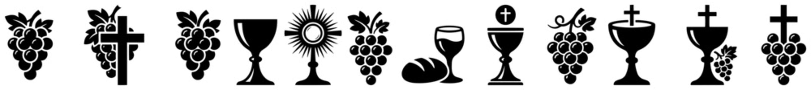 Eucharist and holy communion symbols featuring chalice grapes bread and monstrance in vector style