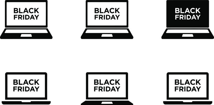 Six black and white laptop displaying Black Friday text computer screen