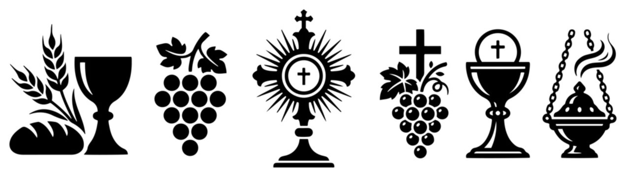 Holy communion symbols including monstrance chalice and grapes in black silhouette style