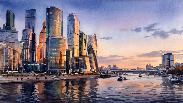 Watercolor illustration of modern London skyscraper skyline and glass architecture reflected in river water at dusk