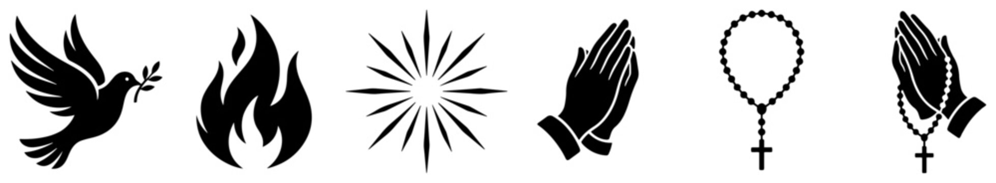 Praying hands and rosary beads with Holy Spirit dove and fire silhouette icons