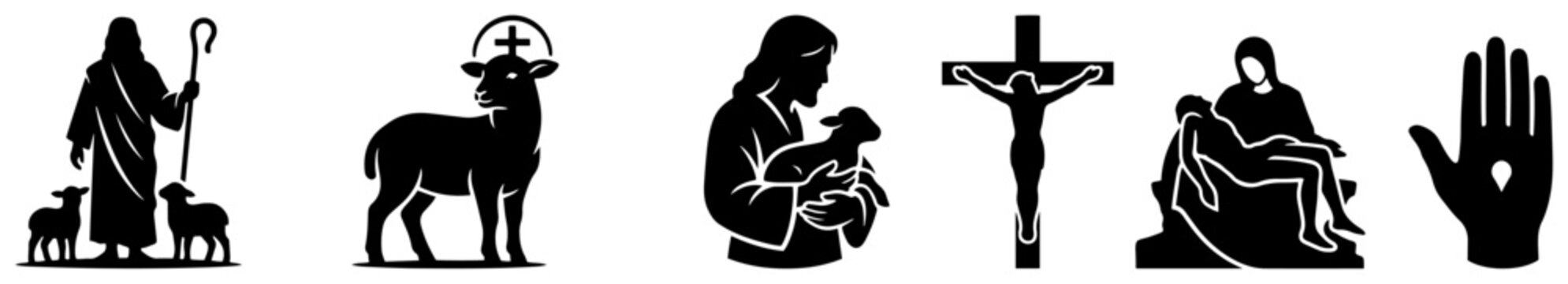 Good Shepherd and Passion of Christ symbols set with Pieta and Lamb of God in black vector style