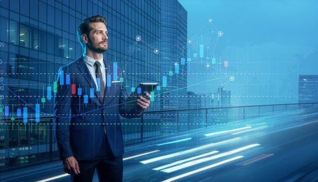 Businessman in suit holding digital tablet looking forward while stock market financial chart overlay stands against skyscraper skyline.