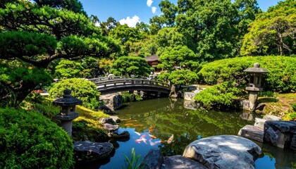 Fototapeta premium Traditional Japanese garden with wooden bridge and lush trees.
