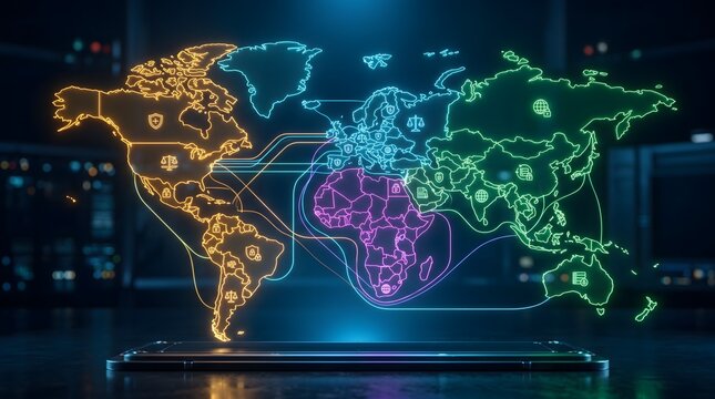 Multicolor digital world map glowing neon outlines illustrating global network infrastructure data flow communication technology