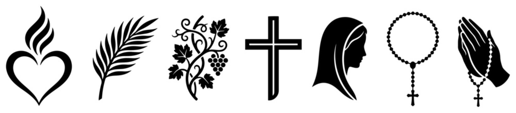 Catholic religious symbols including Virgin Mary profile rosary and sacred heart in black silhouette style