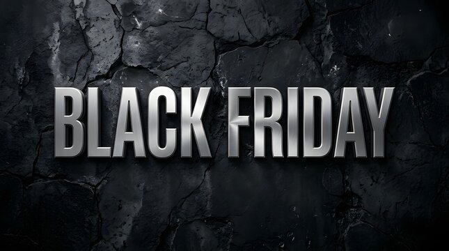 Black friday text with a metallic silver font against a dark textured stone wall background