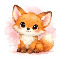 Fototapeta premium Adorable cartoon fox with big eyes and fluffy tail on a pink background.