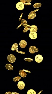 Falling indian rupee gold coins &ndash; 3d render looped with alpha channel.