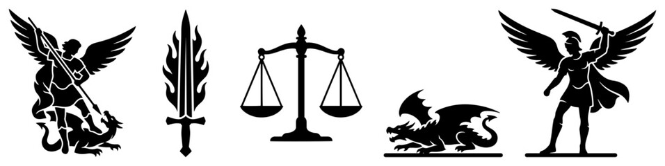 Obraz premium Archangel Michael defeating dragon with flaming sword and scales of justice symbols in silhouette style