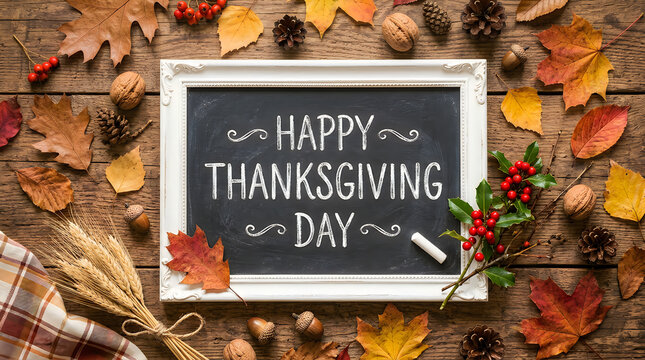 Chalkboard with happy thanksgiving day message surrounded by colorful autumn leaves on a rustic wooden background top view