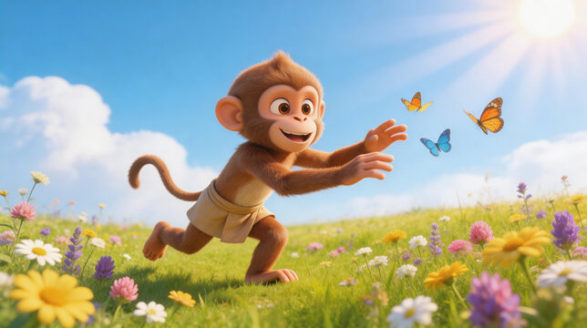 3D animated cute monkey character playfully chasing butterflies in a bright blooming meadow under a sunny blue sky, perfect for children's storybook illustration and kids media concepts