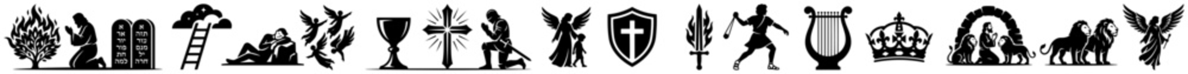 Obraz premium Biblical stories and religious symbols from old and new testament in black silhouette style