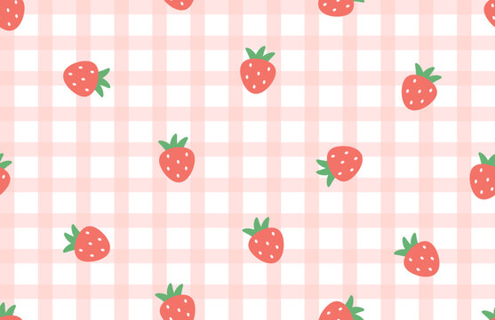 Pink checkered pattern with cute cartoon strawberries. Fruits and berries seamless wallpaper. Repeat summer strawberry background. Vector illustration.