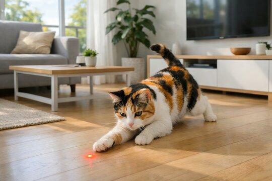 Active calico cat pouncing on a red laser pointer beam on a sleek hardwood floor in a bright modern living room, ideal for pet care, feline play, and wellness concepts