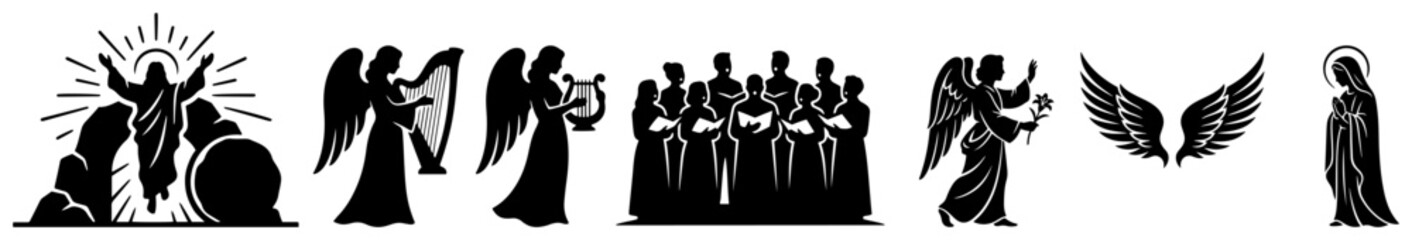 Obraz premium Heavenly choir and musical angels with risen Christ and Virgin Mary icons in black flat style