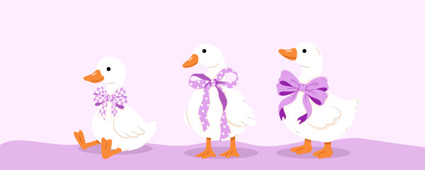 Cute white geese collection with elegant purple bows pastel kawaii farm bird character set for nursery decor stickers and children’s illustrations © Midmueang
