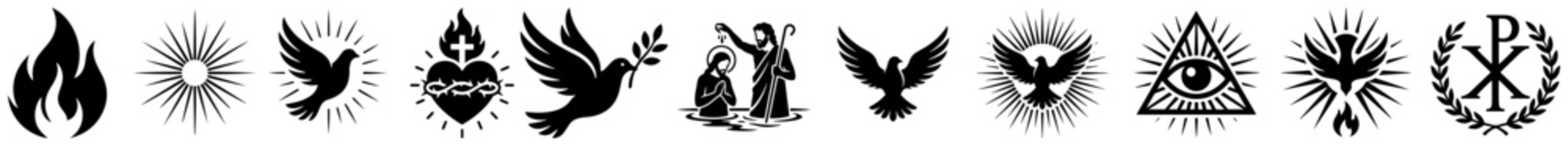Religious symbols set including holy spirit dove sacred heart and eye of providence in minimalist black icon style