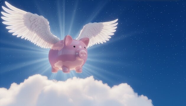 Creative conceptual illustration of a glossy pink ceramic pig money box with large angel wings flying in the blue sky, symbolizing smart financial dreams, banking freedom, and rising economy