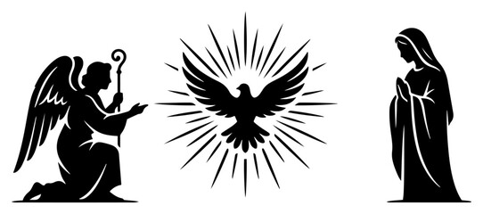 Obraz premium Holy spirit dove with angel and virgin mary praying in black silhouette style