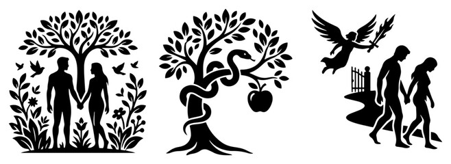 Obraz premium Adam and Eve story in the Garden of Eden from temptation to expulsion in black vector style