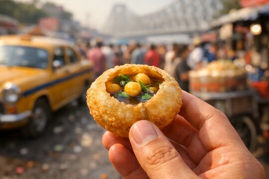 Kolkata street food experience with hand holding crispy pani puri filled with chickpeas and tangy water, iconic yellow taxi and Howrah Bridge in a vibrant Indian market background