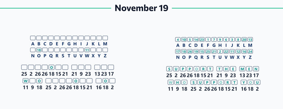 Calendar layout design for November 19 with letters and numbers  
