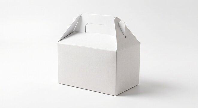 High-angle view of a blank white cardboard takeaway box with a gable top and handle against a neutral white background.