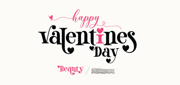 Happy valentine's day decorative text with hearts Elegant luxury alphabet font logo. Typography modern classic lettering serif italic fonts decorative wedding vintage retro logos. vector illustration