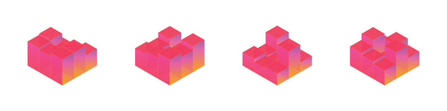 Isometric abstract geometric shapes in vibrant gradient colors with 3d effect and shadows.