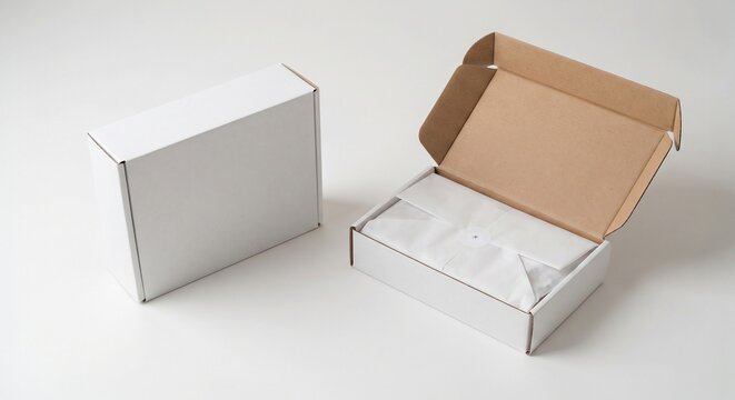 High-angle view of closed and open white cardboard mailer boxes with tissue paper and a sticker on a light surface.