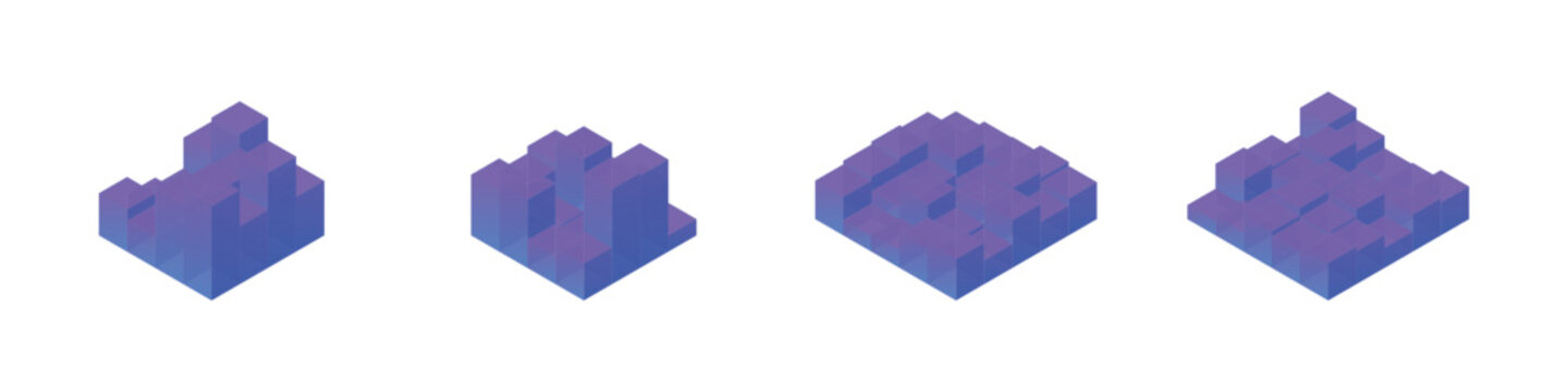 Isometric data visualization charts made of blue cubes on white isolated background.