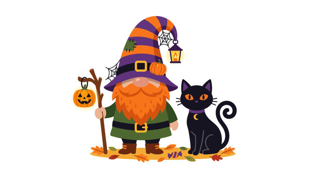 Halloween gnome with a long orange beard and a striped hat stands next to a black cat with a moon collar, surrounded by autumn leaves.
