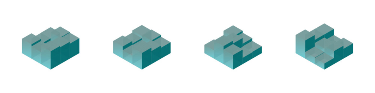 Transparent teal isometric cube clusters for minimalist digital data structures.