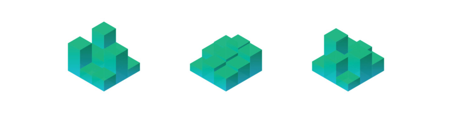 Turquoise isometric voxel towers for architecture and city planning visualization.