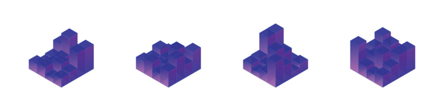 Vector set of blue isometric block charts with outlined borders for web graphics.