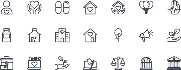 Fototapeta premium Health Insurance and Family Protection Line Icon Set with Medical House Pills and Care Symbols