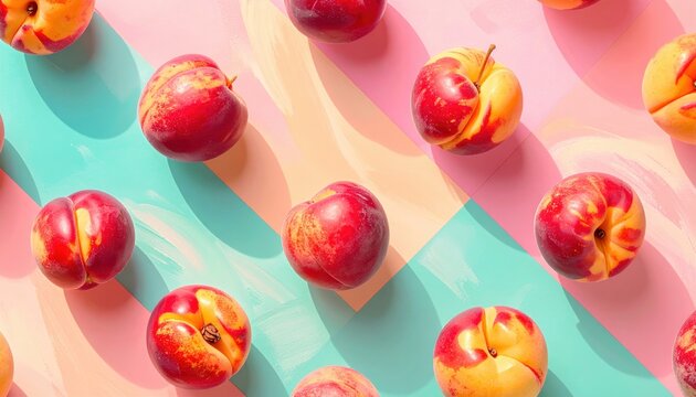 Seamless colorful pattern of ripe nectarines on pastel background, flat lay fruit wallpaper