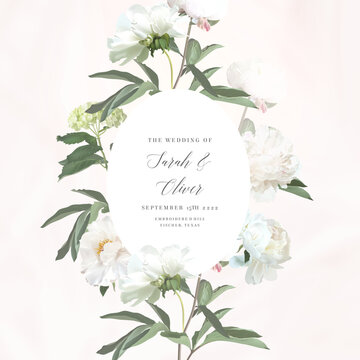 Silver sage and white flowers vector round frame. Creamy beige and dusty white peony, eucalyptus. Wedding spring floral. Pastel watercolor marbled background. All elements are isolated and editable