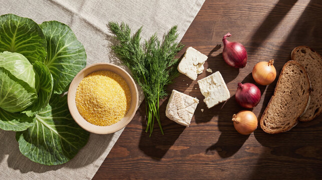Overhead View of Moldovan Pantry Staples on a Rustic Market Table in Daylight