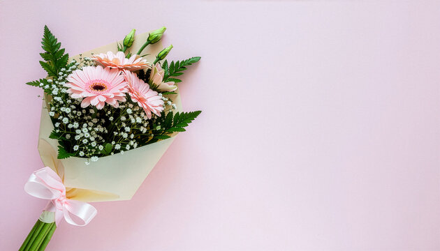 Pusty baner z bukietem kwiat&oacute;w i miejscem na tekst - podziękowanie życzenia