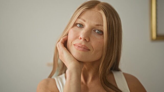 Woman resting chin on hand with fingers on cheek in studio, wearing white tank top under soft natural light and gentle smile; calm confidence.