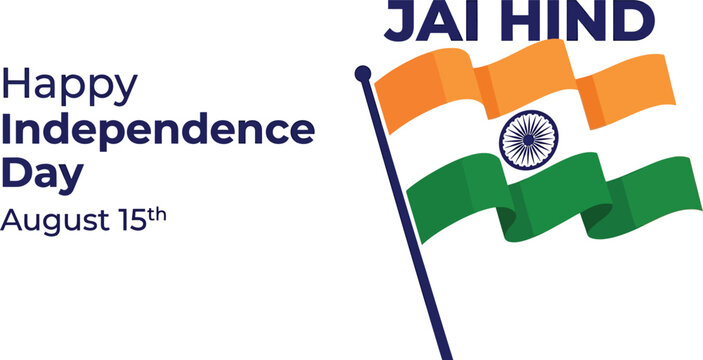 A festive graphic celebrating indian independence day featuring the national tricolor flag and the patriotic slogan jai hind on a clean white background
