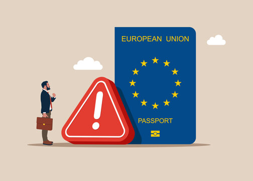 Passport European Union with exclamation attention sign. Cancelled document. Weak and at risk passport EU. Failure, crisis in business. Flat vector illustration