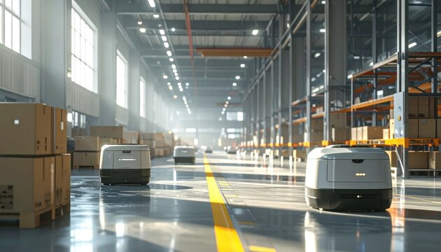 Autonomous delivery robots operating in modern industrial warehouse aisle.