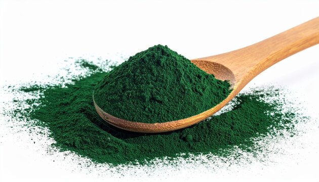 Heap of spirulina algae powder in wooden spoon isolated on white background, healthy superfood concept