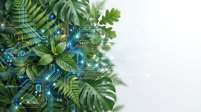 Futuristic abstract background combining natural green leaves with digital glowing circuits, ideal for sustainable technology and green energy concepts.