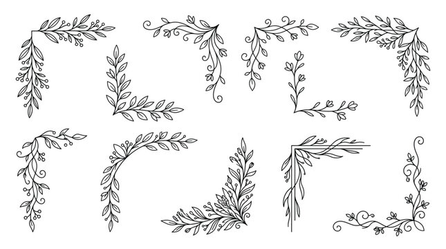 Set of hand drawn floral corner borders