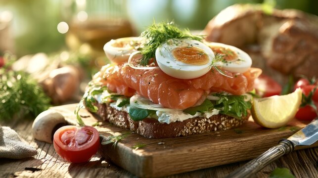 Delicious open-faced sandwich with smoked salmon, boiled eggs, fresh herbs, greens, and cherry tomatoes on rustic wooden table, vibrant natural background