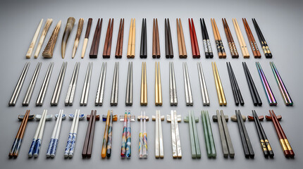 Obraz premium Diverse Collection of Chopsticks Featuring Various Materials and Designs for Elegant Dining Experiences